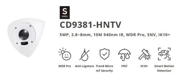 Vivotek CD9381-HNTV 5MP 10M 940nm IR Vandal Proof WDR Pro Varifocal Corner Dome