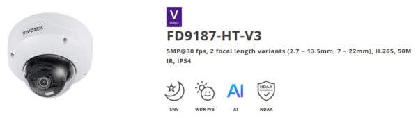 Vivotek FD9187-HT-V3(7-22 mm) Indoor Dome, 5M 30fps, H.265/MJPEG, 7-22mm Motorized