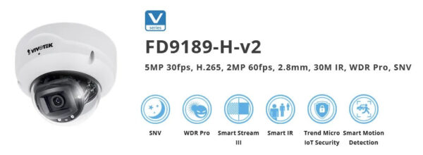 Vivotek FD9189-H-V2 5MP 30M IR H.265 Indoor Dome, IoT Security, 2.8mm