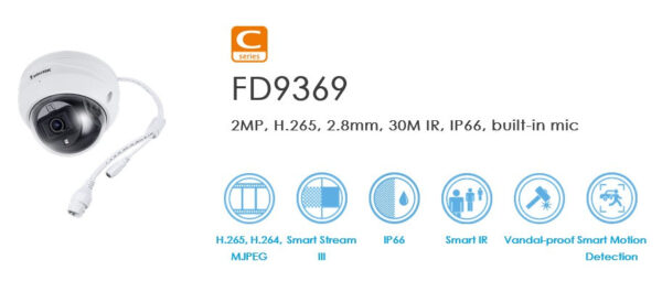 Vivotek FD9369-F2 2MP 30M IR H.265 Outdoor Dome, 2.8mm