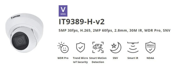 Vivotek IT9389-HF2-B-V2 5MP 30M IR Outdoor WDR Pro Turret, IoT Security, 2.8mm,Black